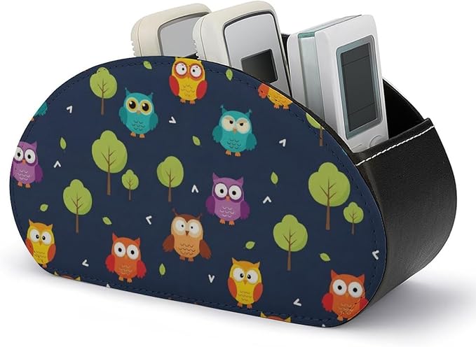 TV Remote Control Holder Cute Owl Desktop Storage Caddy Box | Pu Leather Makeup Brush Organizer with 5 Compartments, Cute Owl, Fit for Media Player, Office Supplies