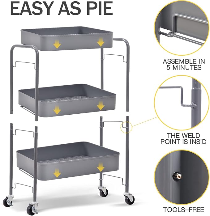 TOOLF 3 Tier Metal Rolling Cart, Utility Storage Cart with Wheels, Grey | Screwless Assembly, Lockable Metal Wheels, Trolley Organizer for Bathroom, Kitchen, Office, Dorm, Laundry, Craft Room