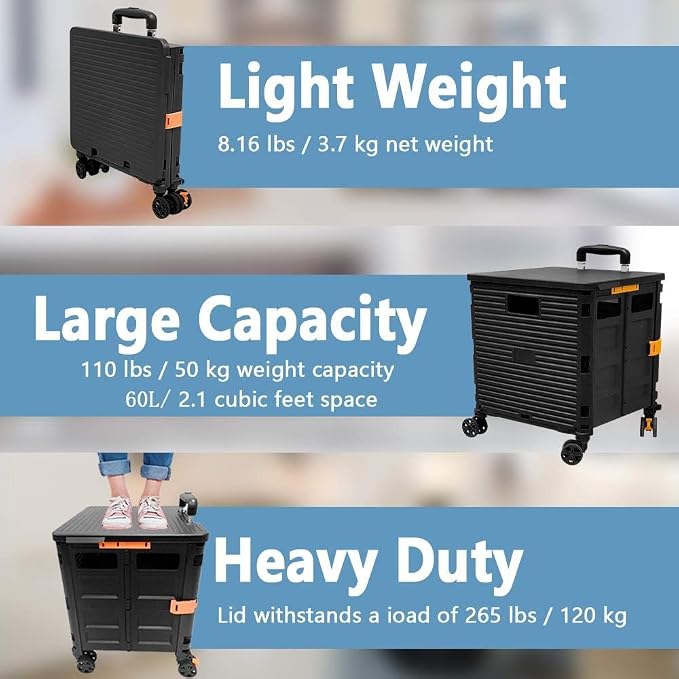 Foldable Utility Cart Folding Portable Rolling Crate Handcart Shopping Trolley Wheel Box with Lid Wear-Resistant Noiseless 360°Rotate Wheel for Travel Shopping Moving Storage Office Use (Black)