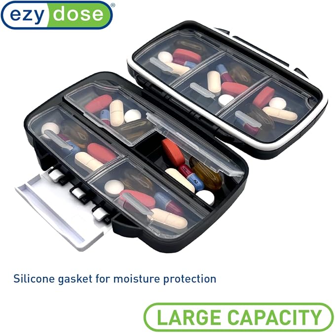 Ezy Dose Moisture-Proof Travel Pill Case, 7 Compartments, Black, Medium | Moisture-Proof Pill Case, Medicine Planner, Vitamin Organizer Box, Travel-Friendly, Latch-Closure to Secure Contents