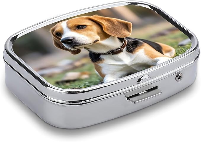 Metal Pill Organizer 2 Compartment Travel Pill Case with Mirror Waterproof & Leak-Proof Pet Dog Beagle Pill Boxes for Daily Meds Vitamins Supplements Fits in Purse Pocket Bag