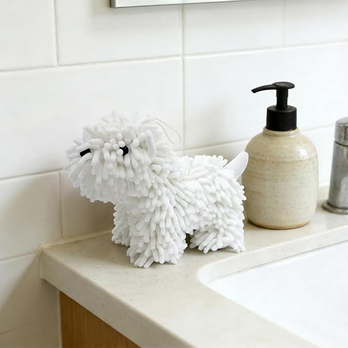 Cute Dog Chenille Hand Towel, 3D Puppy Hangable Fuzzy Ball Hand Towel Microfiber Super Soft Absorbent Bathroom & Kitchen Towels with Hanging Loop, Can Be Placed on the Sink Countertop (White & Khaki)