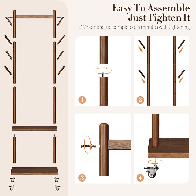Yoobure Solid Wood Coat Rack Freestanding - Rolling Clothes Rack with 8 Hooks & Shelves, Small Clothing Rack with Wheels, Heavy Duty Clothing Racks for Hanging Clothes, Portable Hall Tree for Entryway