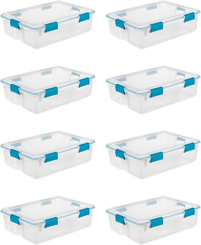 Sterilite Gasket Storage Box with Lids for Home & Office, 37 Quart, 8-Pack | Heavy-Duty, Stackable, and Organizing Containers for Bathroom, Cabinet, Closet, and Garage, Clear and Blue Aquarium Latches