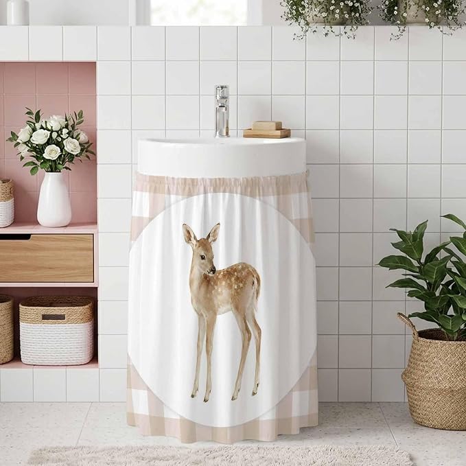 Resting Fawn Oven Skirt Curtain for Kitchen Decor 28"x35", Natural Animals Farmhouse Modern Plaid Self Adhesive Stove Curtains Skirt Cabinet Curtains for Bathroom Laundry Room