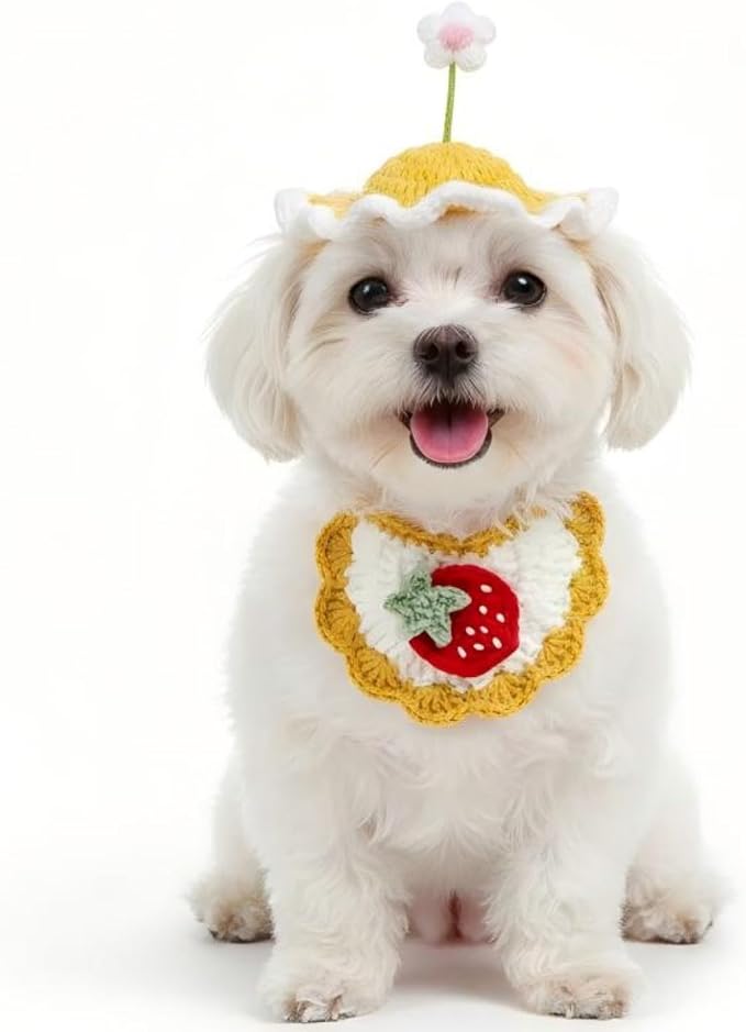 Handmade Cat Outfit – Yellow Flower Dog Hat & Strawberry Dog Costume for Cats,Rabbits and Small to Medium Dogs, Adjustable Cute Outfit for Cat Birthday, Holiday, Daily Wear & Photos