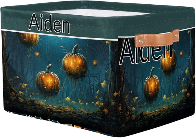 Custom Storage Baskets for Kids with Name, Happy Halloween Pumpkins Night Forest Large Foldable Organizer Collapsible Storage Bin with Leather Handle for Home Toys Closet Nursery