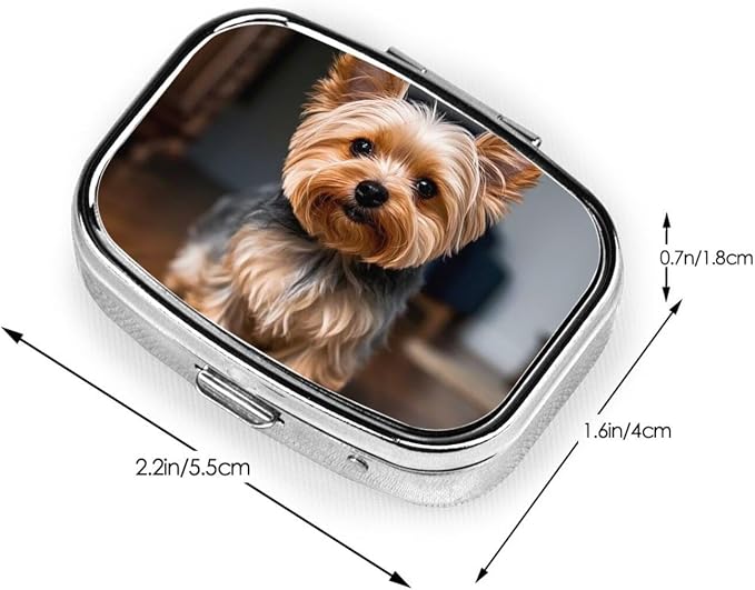 Pill Box with Mirror 2 Compartment Cute Pet Yorkie Small Pill Case for Purse Or Pocket Mini Metal Pill Holder Travel Weekly Medicine Tablet Vitamin Holder Organizer Travel Gifts