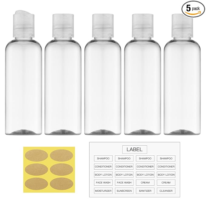 Travel Bottles for Toiletries, 3.4 oz Travel Size Containers, 5pcs, Clear | Squeezable empty plastic bottles, TSA approved, leak proof, with labels, for liquids & shampoo lotion, gym essentials