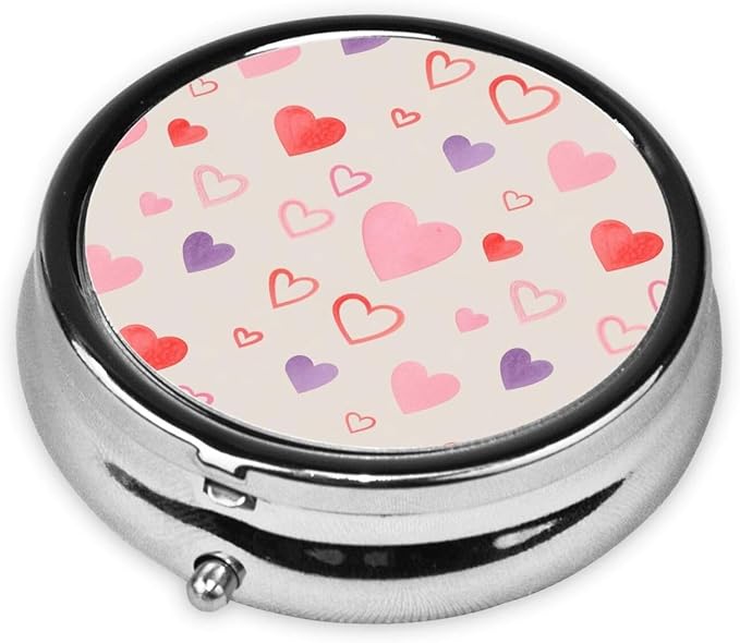 Small Pill Organizer, Round Metal Dispenser, Portable Case for Fish Oil, Travel Pill Box Purse Essential, Cute Love Hearts