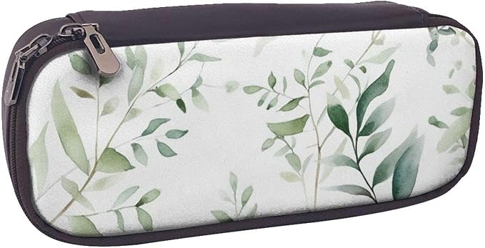 Leather Pen Case with Zipper - Aesthetic Pen Holder White Natural Greenery Twig Pencil Case for Women & Men - Handcrafted Pencil Bag Multi-Functional Travel Cosmetic Case for Work Office Tool Pouch