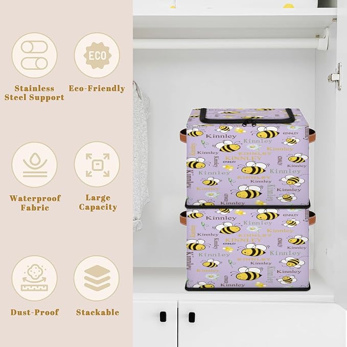 Custom Name Storage Bin with Lid Zipper, Personalized Rectangular Storage Basket with Handles for Organizing Girls Toys Office Closet Shelf Baskets, Cartoon Bee with Daisy Floral Light Purple