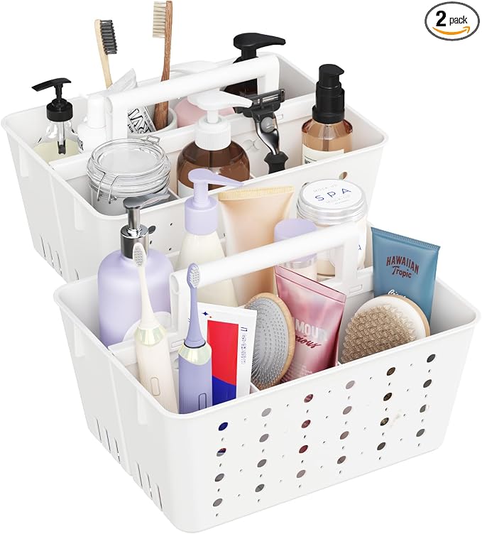 Lifewit Portable Shower Caddy, Plastic Basket Organizer, White, 2 Pack | Adjustable Dividers, Drain Design, College Dorm Room Essentials with Handle, for Bathroom