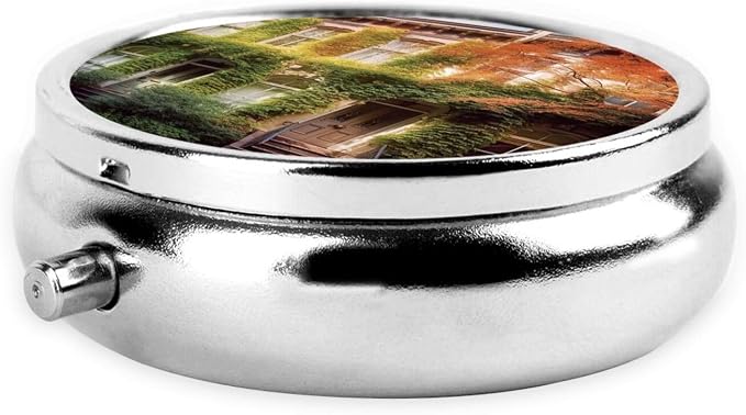 Round Pill Box Leafy Townhouses Pill Case for Purse & Pocket 3 Compartment Pill Organizer Portable Travel Pillbox Medicine Pill Holder Container for Daily Vitamin Cod Liver Oil Storage