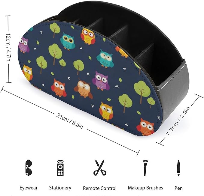 TV Remote Control Holder Cute Owl Desktop Storage Caddy Box | Pu Leather Makeup Brush Organizer with 5 Compartments, Cute Owl, Fit for Media Player, Office Supplies