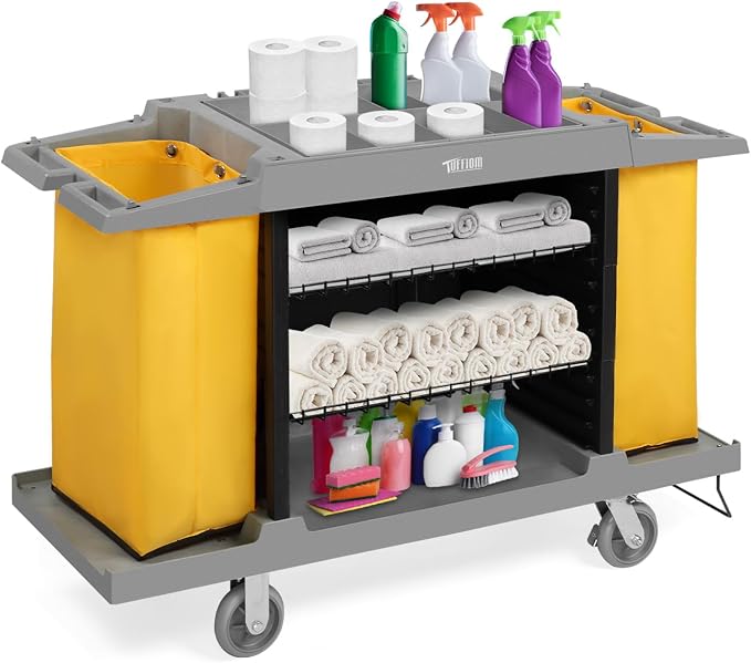 TUFFIOM Industrial Multifunctional Hotel Cart,Commercial Traditional Cleaning Janitorial Room Service Housekeeping Cart, 39" H x 58" W x 21" D