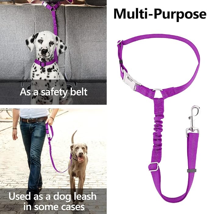 Plutus Pet Dog Seat Belt for Car Headrest, Reflective with Elastic Bungee | Adjustable Restraint for Safety, Vehicle Seatbelt Harness for Small Medium Large Dogs and Cats, Purple