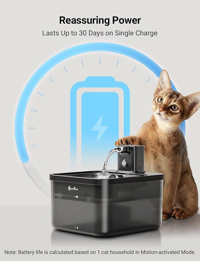 DownyPaws Cat Water Fountain Cordless, 84oz/2.5L Fursink Wireless Pet Water Fountains for Cats Indoor, Battery Operated Cat Drinking Fountain with Motion Sensor, Ultra Quiet Pump, BPA-Free, Black Pro