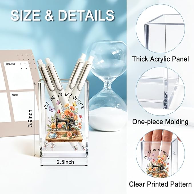 I'll Be In My Office Floral Sewing Machine Acrylic Pencil Holder Cup | Cosmetic Pen Holder for Office Desk Accessories for Seamstress Women Mom, Funny Sewing Lovers Mother's Day Birthday Gifts