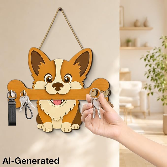 Gifts for Dog Lovers, Cute Dog Leash Holder for Wall, Puppy Key Holder Wall Mount with 4 Keys Hooks, Wooden Key Hooks for Collars, Entryway Garage Living Room Kitchen Mudroom