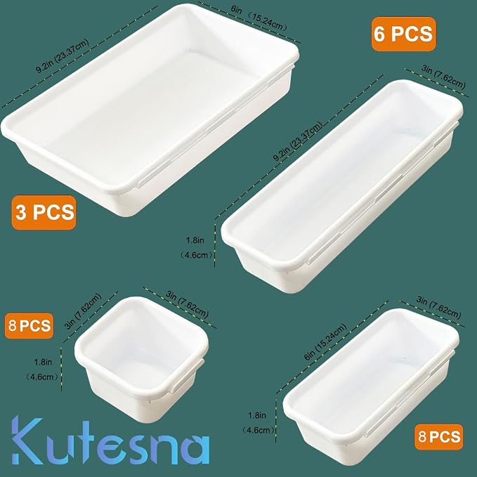 Kutesna 25 PCS White Drawer Organizer Set, 4 Size Interlocking Plastic Storage Bins for Office Supplies, Jewelry Makeup Vanity, Bathroom Kitchen, Home Organization Closet, Gadgets Small Items