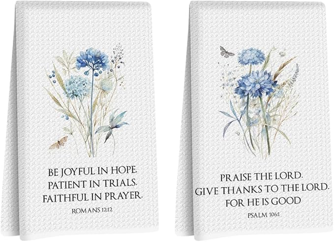 2 Pcs Bible Christian Kitchen Towels 24x14 Inch, Floral Decorative Reusable Dish Towels for Kitchen Bathroom Decor, Waffle Weave Absorbent Hand Cloth Tea Towel, Inspirational Christian Gifts for Women