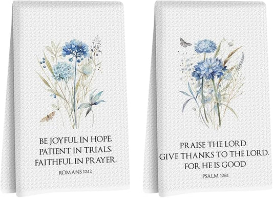 2 Pcs Bible Christian Kitchen Towels 24x14 Inch, Floral Decorative Reusable Dish Towels for Kitchen Bathroom Decor, Waffle Weave Absorbent Hand Cloth Tea Towel, Inspirational Christian Gifts for Women