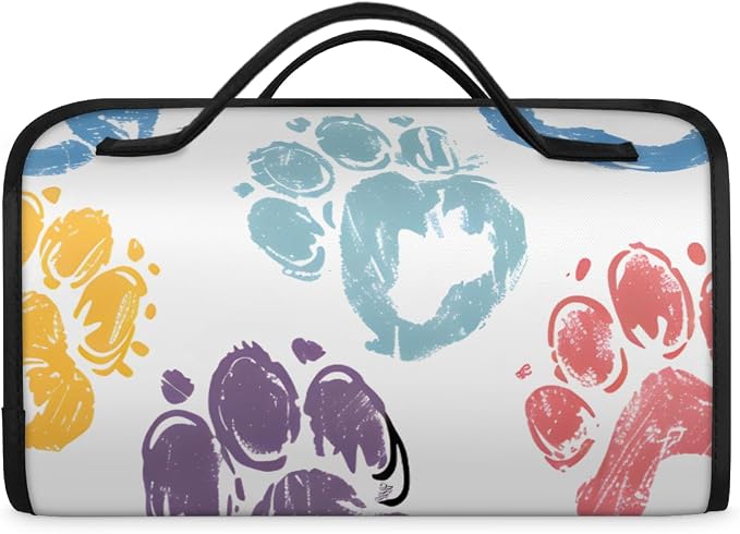 Paw Print Makeup Bag for Women Hanging Roll-Up Travel Organizer Toiletry Kit with 4 Removable Compartments, Paw Print Pet Animal