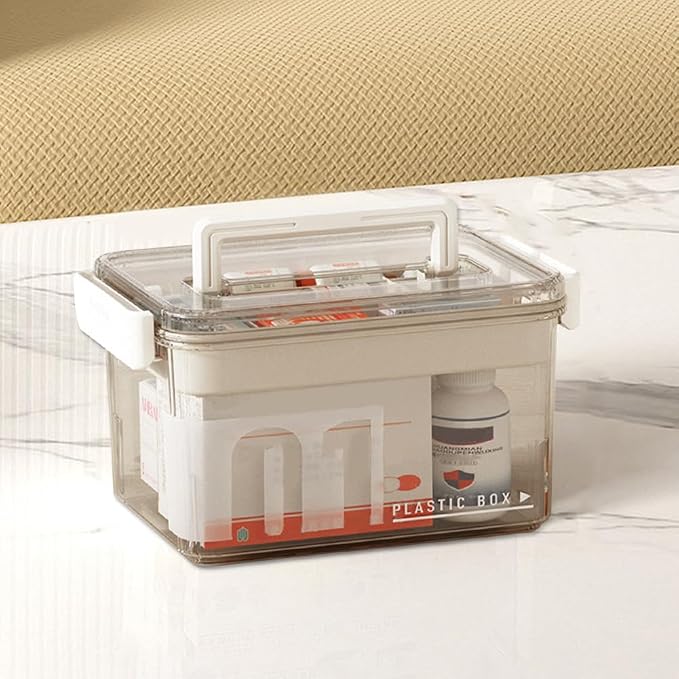 Clear Medicine Organizer Storage Box with Removable Tray, Plastic Medicine Storage Organizer & First Aid Box, Multipurpose Medical Supply Container with Handles for Home, Office