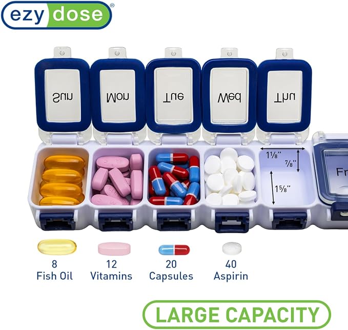 Ezy Dose Weekly (7-Day) Pill Organizer, Large Medicine Planner, Blue | Daily Vitamin & Supplement Case, Waterproof Locking Compartments to Secure Prescription Medication, Travel-Friendly, BPA-Free