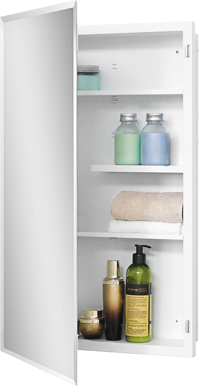 White Metal Medicine Cabinet, 18 x 30 Beveled Mirror, Surface Mount Storage | 18 x 30 Mirrored Medicine Cabinet with Adjustable Staggered Shelves, Piano Hinge, Left/Right Swing, Preassembled, Matte White