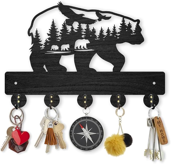 MAYJOYDIY Bear Forest Bird Coat Rack Wall Mount 11.8×7.9inch Bear Wall Art Decor Wildlife Animal Key Holder for Wall Black Wooden Key Hanger Rack 5 Alloy Hooks for Kitchen Bedroom Entryway Gifts