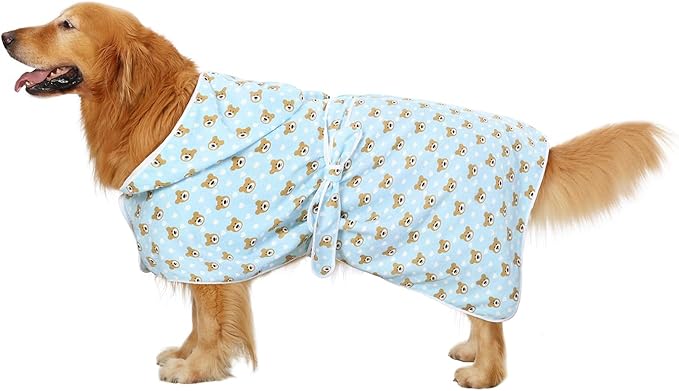 HDE Dog Bathrobe Super Absorbent Quick Drying Puppy Towel Wrap Coat Adjustable After Bath Robes with Hood for Dog Sizes S-XXL Teddy Bears XXL