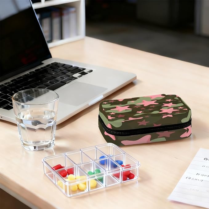 Weekly Pill Organizer Travel Size Bag with Removable 7 Day Pill Box Portable Vitamin Case Purse with Zipper,Star Camo Pattern