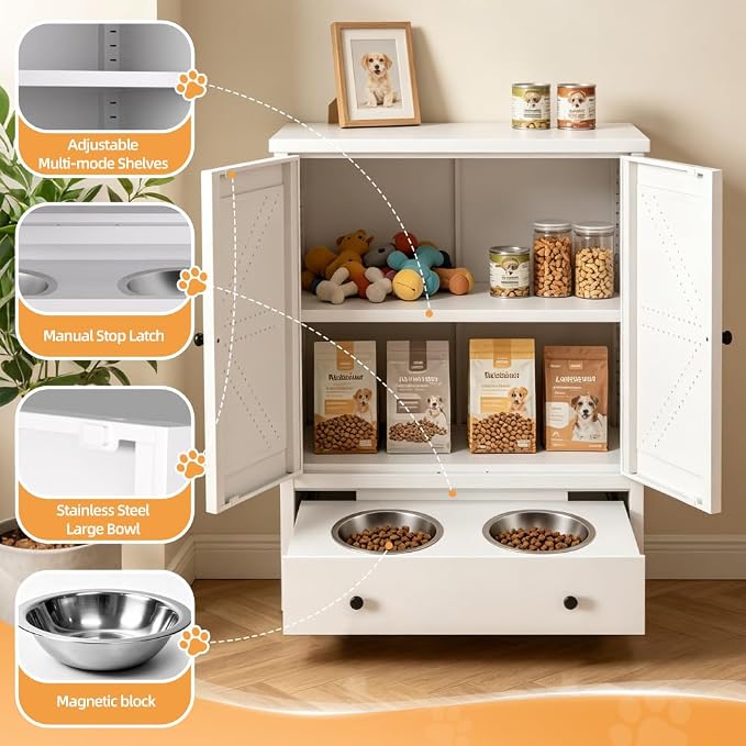 Dog Feeding Station with Storage Cabinet, Metal Pet Feeding Station with Storage, Dog Food Storage Cabinet with 2 Elevated Stainless Steel Bowls, Pet Food Cabinet Organizer, White
