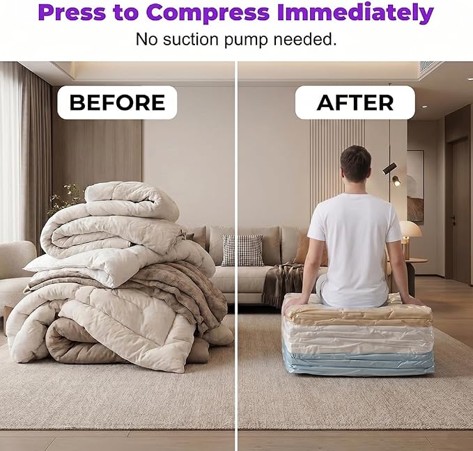 No‑Pump Vacuum Storage Bags, 2026 New Large Vacuum Storage Compression Bags, Reusable Vacuum Seal Bags for Clothing Travel, Space Saver Bags for Clothes, Blankets & Bedding (2Pcs/L:39.4*31.5*12.6in)