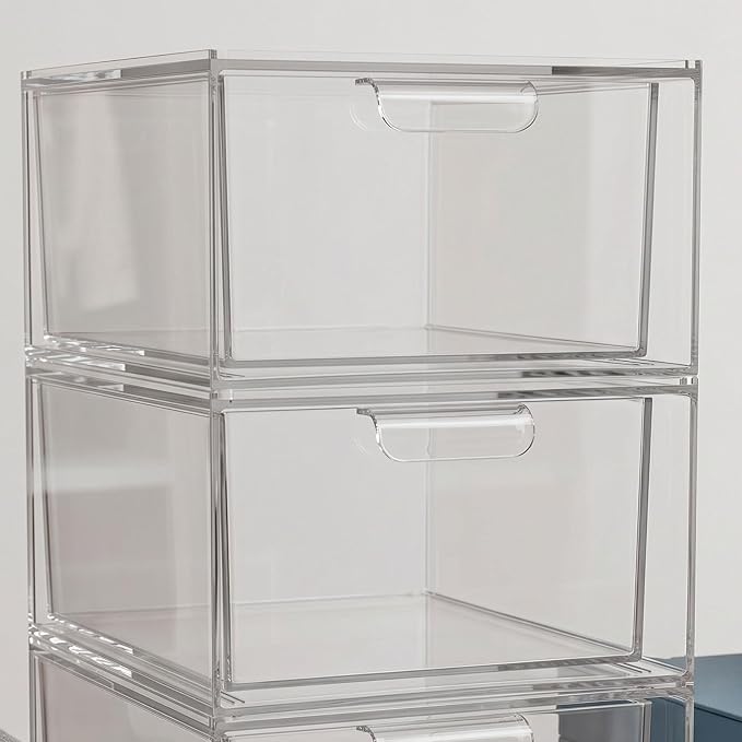 4pcs Stackable Pet Storage Drawers with Handle and Removable Dividers, Modular Design Protects and Preserves Accessories and Earrings, for Undersink Cabinets and Office Desktop