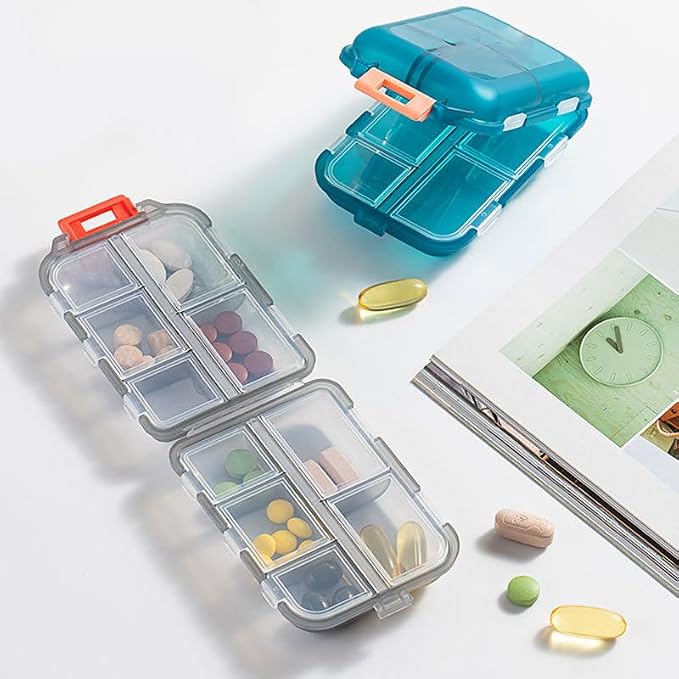 Daily Travel Pill Case Organizer Small 10 Compartment Medicine Box | Compact Purse Portable Pill Reminder Dispenser, Perfect for On-the-Go Pocket Storage Vitamin, Fish Oil, Calcium Tablet, Green