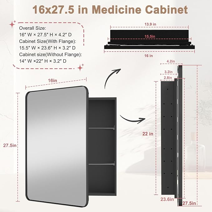 16x27.5 in Bathroom Medicine Cabinet with Mirror, Matte Black | Fully Assembled; Recessed or Surface Wall Mount; Metal Cabinet with Tempered Glass Mirror and Two Adjustable Glass Shelves
