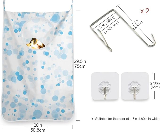 2PCS Hanging Laundry Hamper Bag Over the Door Laundry Hamper Wall Hamper Large Dirty Clothes Hamper with Stainless Steel Hooks 29.5x20Inch Blue Bubble Circle