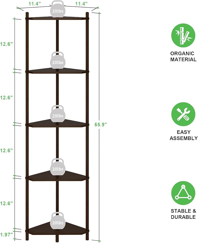 Wisuce Brown Tall Corner Shelf Stand, 5-Tier Bamboo Corner Bookshelf | Space-Saving Narrow Corner Shelf | Bathroom Corner Shelf | Shelves for Bedroom, Living Room, Kitchen & Plant Display