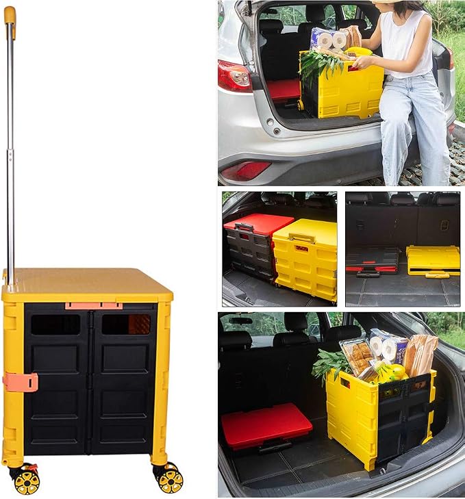 Foldable Utility Cart Folding Portable Rolling Crate Handcart Shopping Trolley Wheel Box with Lid Wear-Resistant Noiseless 360°Rotate Wheel for Travel Shopping Moving Storage Office Use (Yellow)