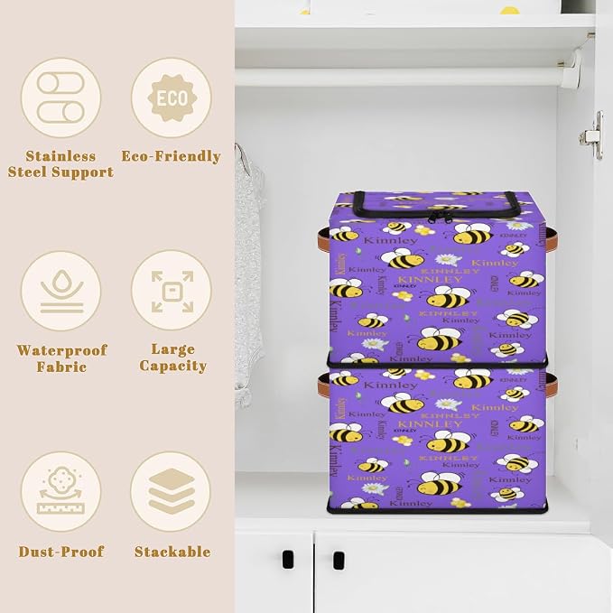 Custom Rectangle Storage Basket Zipper Lid, Personalized Name Medium Purple Organizer Bin for Pet/Children Toys, Books, Clothes, Perfect for Rooms/Playroom, Bee with Daisy Floral