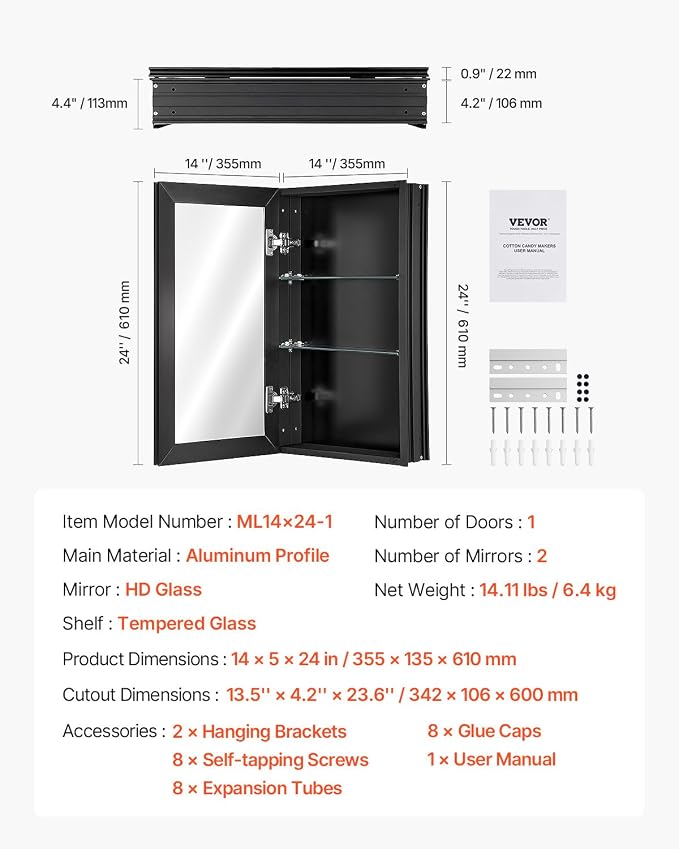 VEVOR Medicine Cabinet, 14 x 24 inches, Medicine Cabinet for Bathroom with Mirror, Aluminum Frame Bathroom Wall Cabinet, 2-Layer Adjustable Shelves, Recessed & Wall-Mounted Installation