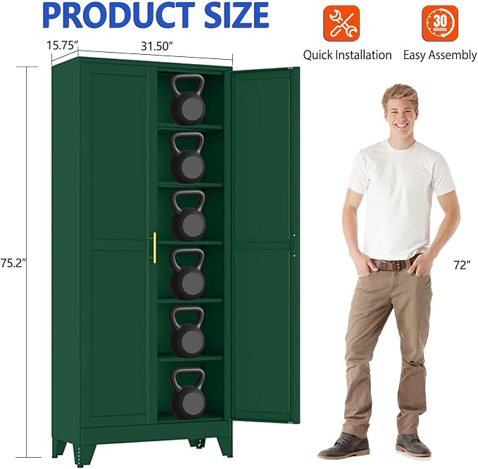 GAIOUS 75'' Tall Metal Garage Storage Cabinet,File Cabinet with Door and Adjustable Shelves, Outdoor Steel Tool Cabinet for Home,Office,Warehouse,Garage,Green