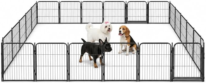 Dog Play Pen for Outdoor Use - 24'', 24 Panels for Small and Puppy Size Dogs - Portable Playpen Kennel for RV, Camping, and Yard - Heavy Duty Pet Fence w/Black Rust Resistant Coating