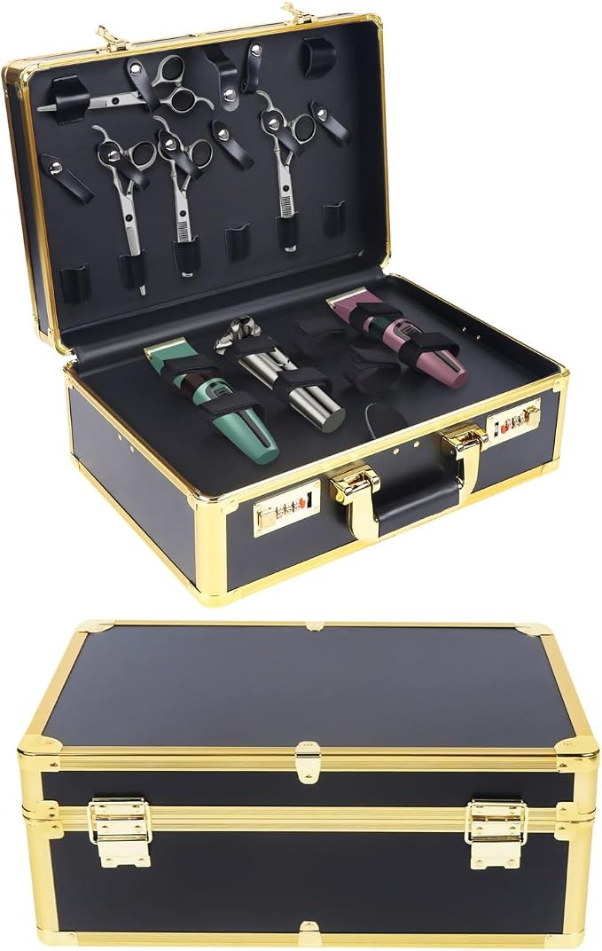 Barber Carrying Case,Large Barber Beauty Salon Tool Kits Storage,Portable Travel Carry Case for Barber Hair Stylist Pet Groomer, for Clippers Trimmers Scissors Blades Guards Shears (Gold)