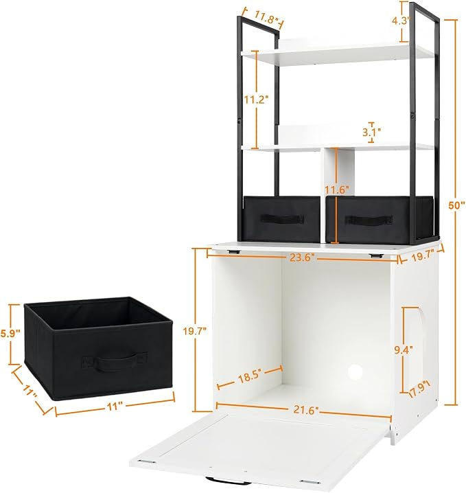 Dwanton Cat Litter Box Enclosure, 2 Storage Shelves and 2 Drawers, 50" H | 2-in-1 Hidden Cat Litter Box Enclosure Furniture with Shelf, Metal Frame, Reversible Entrance, Washable Drawers, White