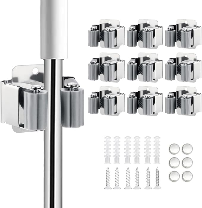 JAMEND CLXP 9PCS Broom and Mop Holder, Heavy Duty Garden Tool Organizer Rack Rake and Shovel Handle, Stainless Steel Mop Hanger. Screws for Wall Mounted. Silver.