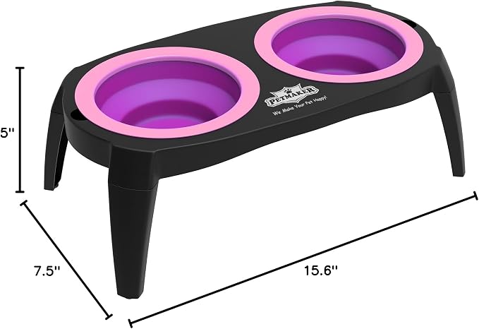 Elevated Cat and Dog Food Bowls with Non-Slip Stand - Removable and Collapsible Silicone Feeder for Food and Water - 16-Ounces Each by PETMAKER (Pink)